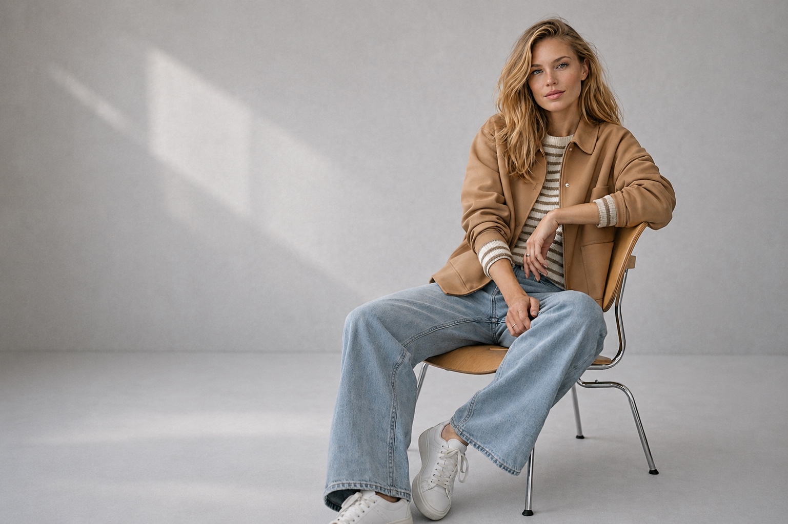 Damenmode mit Camel-Jacke, Streifenpullover, weiter Jeans und Sneakers